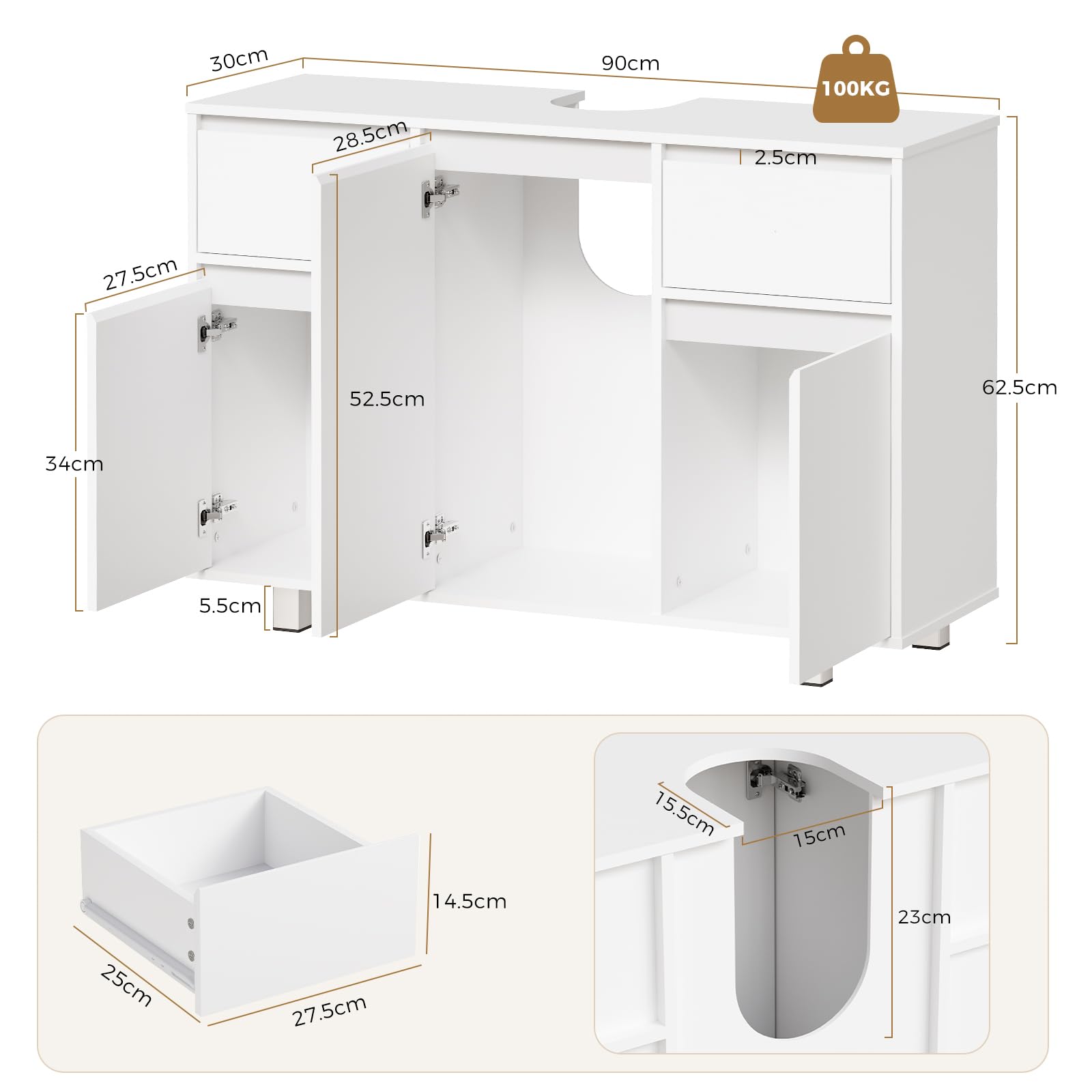 BEWISHOME Waschbeckenunterschrank, Badezimmerschrank mit 2 Schubladen 3 Schrankfächern,Viel Stauraum, Unterschrank Waschbecken mit Füßen, Maße 90 x 30 x 62.5 cm, Weiß