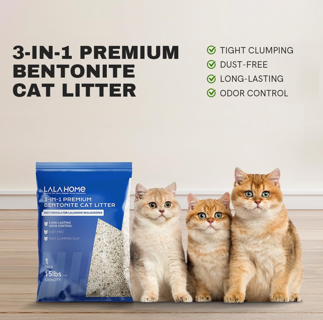 Premium Bentonite Cat Litter Sodium-Based, Clumping Cat Litter, Dust-Free, Strong Durability, Odor Control, Unscented Natural Mineral Formula Kitty Litter Bluk for RealScooper, 3 x 15 lb. Box