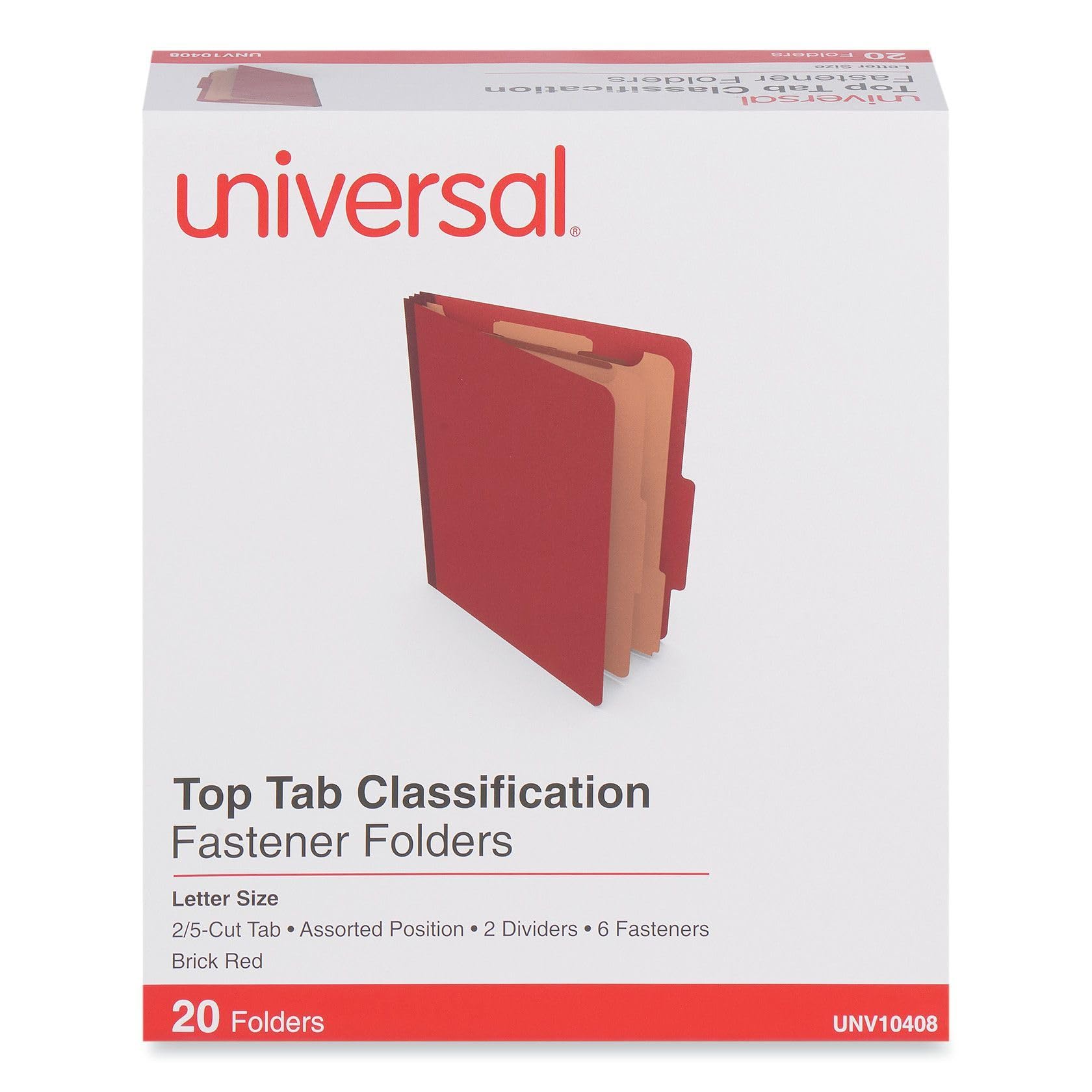 Universal Cartelle di classificazione a sei sezioni, copertina resistente in cartone pressato, 2 divisori, 6 elementi di fissaggio, formato lettera, rosso mattone, 20/scatola
