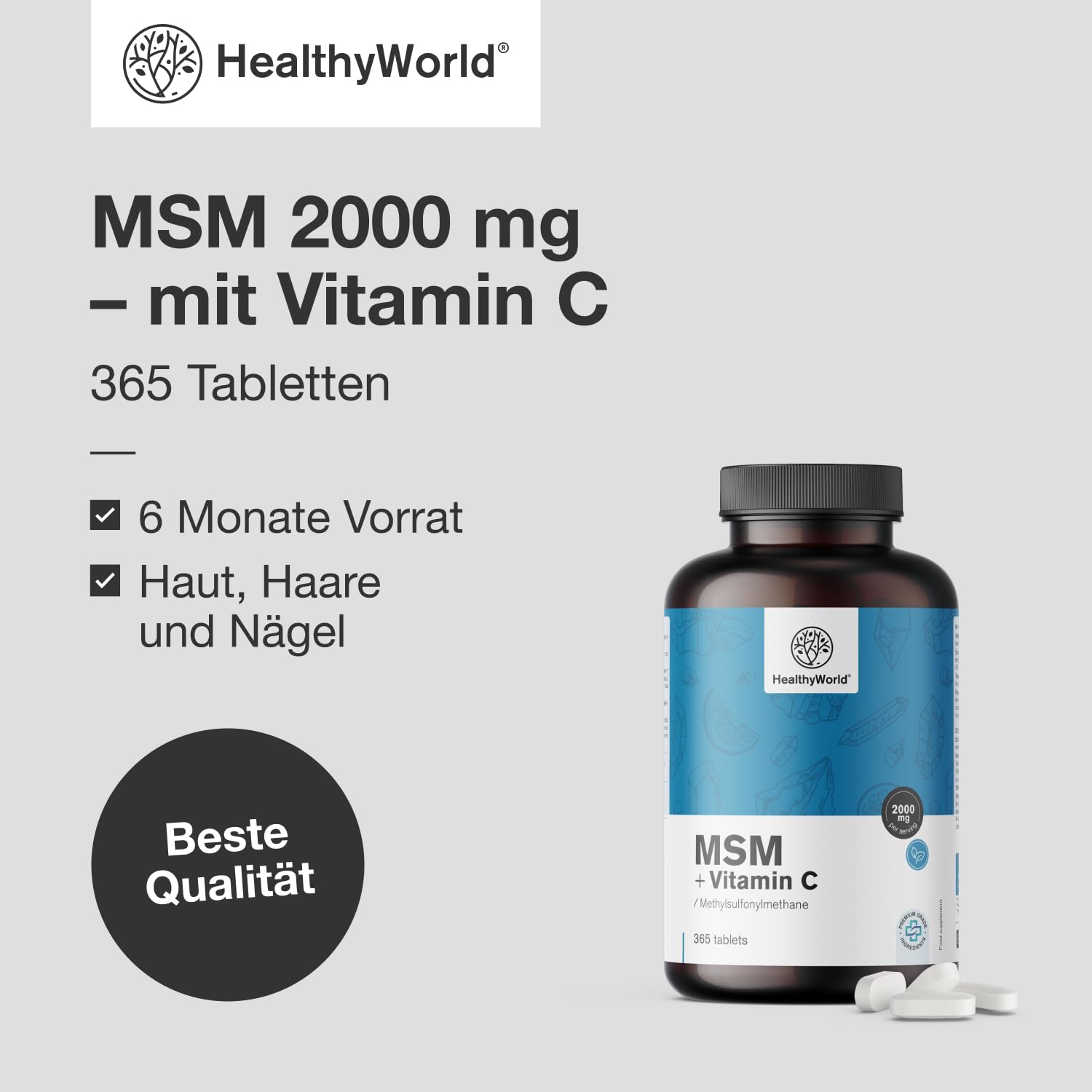 HealthyWorld MSM 2000 mg - Mit Vitamin C - 365 Tabletten - 6 Monate Vorrat - Hohe Konzentration - 2000 mg pro Tagesdosis - Vegetarisch - Ohne Zusätze - Schönheitsmineral