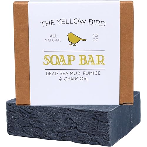 The Yellow Bird Dead Sea Mud Soap Bar - With Exfoliating Pumice Scrub & Detoxifying Charcoal. Organic & Natural Essential Oils. Made in USA for Men and Women. Face, Hand, Body Soap…