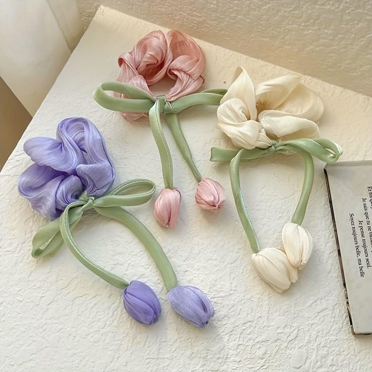 Floral Hair Scrunchies with Tulip Accents, Pastel Purple Pink Cream, Green Design, Set of 3,hair accessories for women girls, gifts for female, organza hair tie, ponytail,tulip hair scrunchies, fashionable accessories, Korean accessories