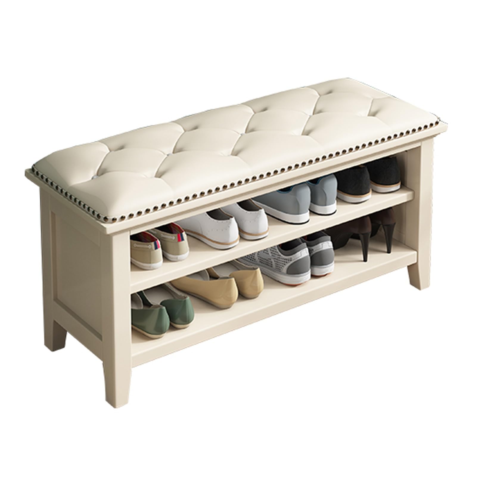 Banc à chaussures en bois massif blanc de 80 cm avec coussin confortable et rangement intégré