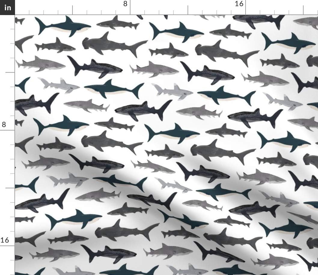 Spoonflower Fabric - Watercolor Sharks Modern Nautical Sea Life Ocean Animals Hammerhead Printed on Cotton Poplin Fabric by The Yard - Sewing Shirting Quilting Dresses Apparel Crafts
