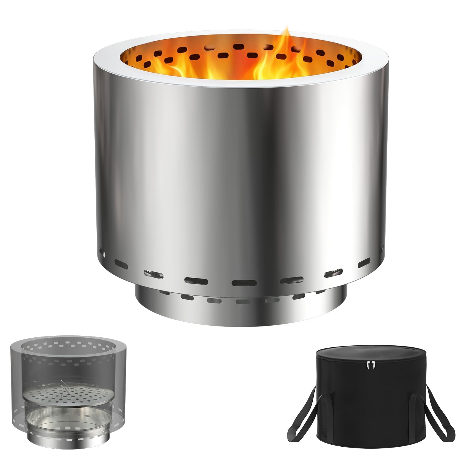 LZQ Feuerschale Edelstahl 49cm Raucharm Garten Feuerstelle Outdoor Kamin Holzofen Feuerkorb Gartenkamin Holzvergaser Ofen mit Tasche, Rund Feuertonne Campingkocher Tragbar Für Terrasse Camping BBQ