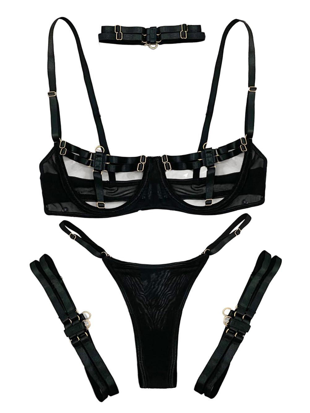 Kaei&Shi Glow Under Black Light, Party Boudoir Outfits, 4PC Peekaboo Lingerie: 0-2 Neon Green