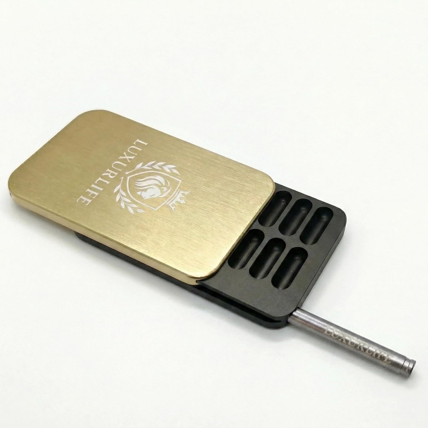 Scatola portaoggetti in lega di alluminio, 8 scomparti, design a 2 file, stemma leone con incisione laser, set regalo portatile (champagne olive duo)