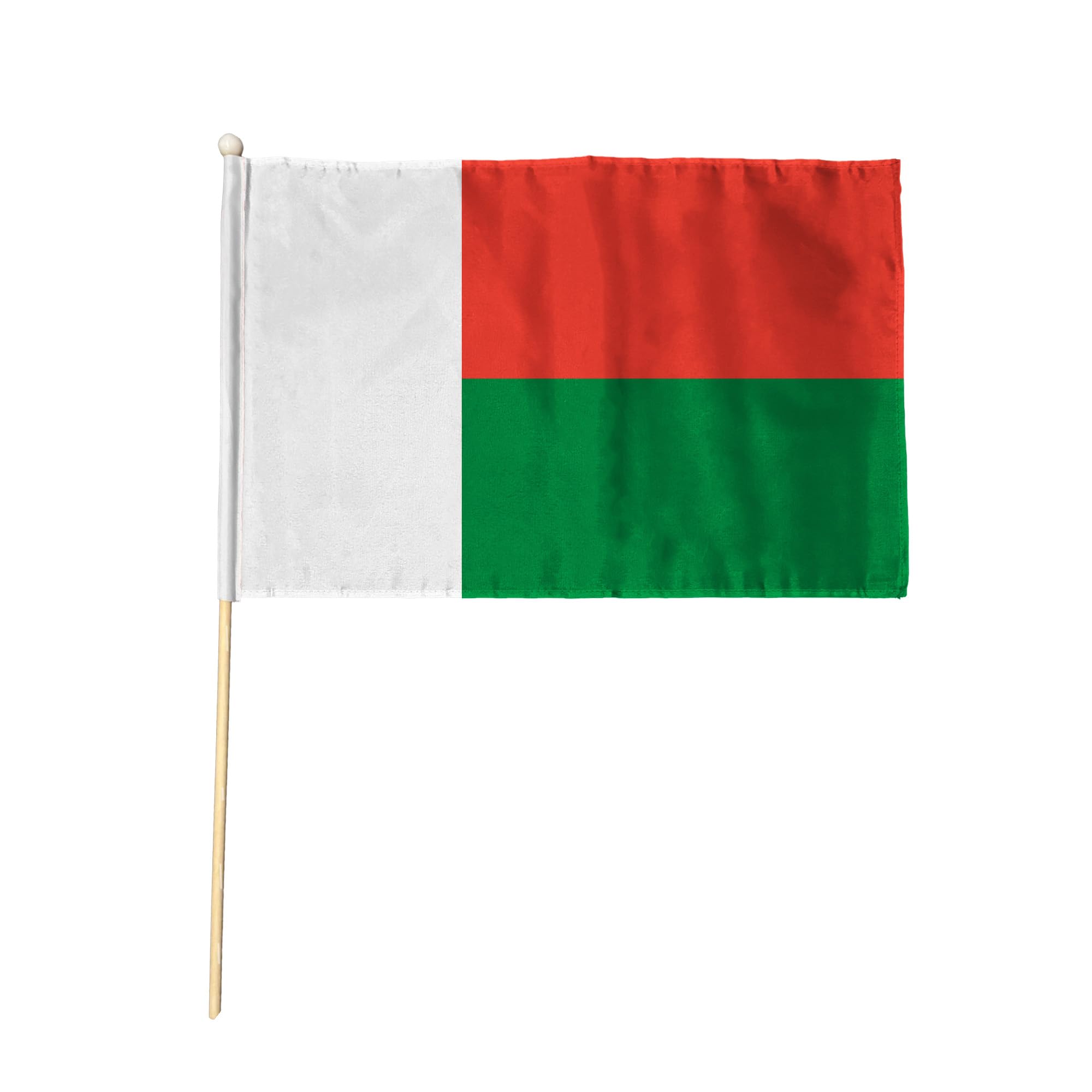 Flagtex Madagascar Pack of 12 Hand Waving Flag (18x12 Inch Large) - Premium Wooden Stick Hand Flag Big Size Natural Wood Pole Malagasy National Flag Events Celebrations International Sports