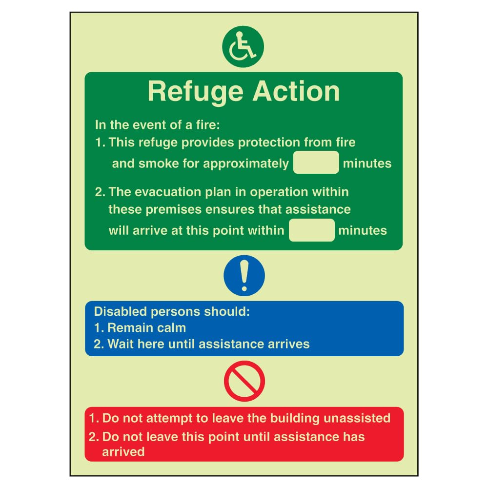 V Safety Glow In The Dark Refuge Fire Action Notice Sign - 200mm x 300mm - Rigid Plastic