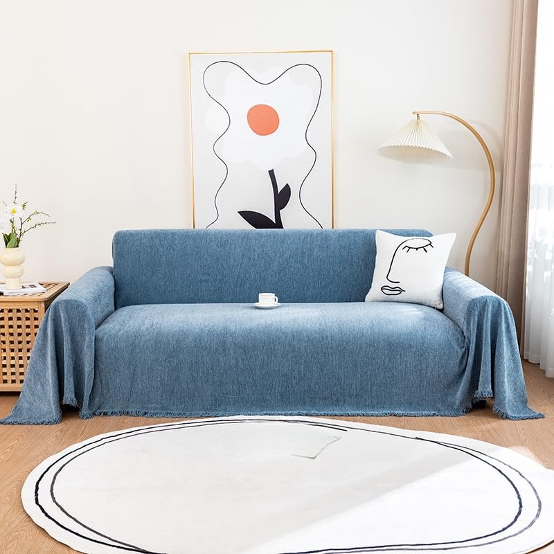 Housse de canapé en chenille 180x300 cm jeté de canapé d'angle à pompons 3 places beige