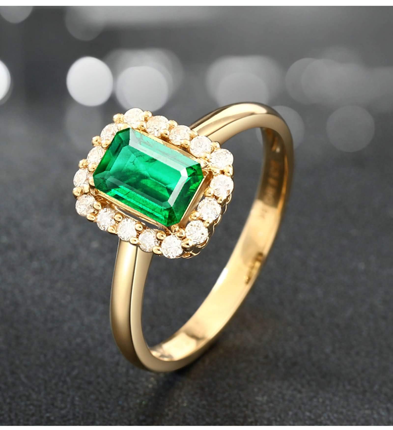 Daesar Anillos de Mujer de Matrimonio con Rectángulo con Esmeralda Creada y Moissanita, Oro Amarillo 9K/14K/18K, Anillo Prometida Oro Verde