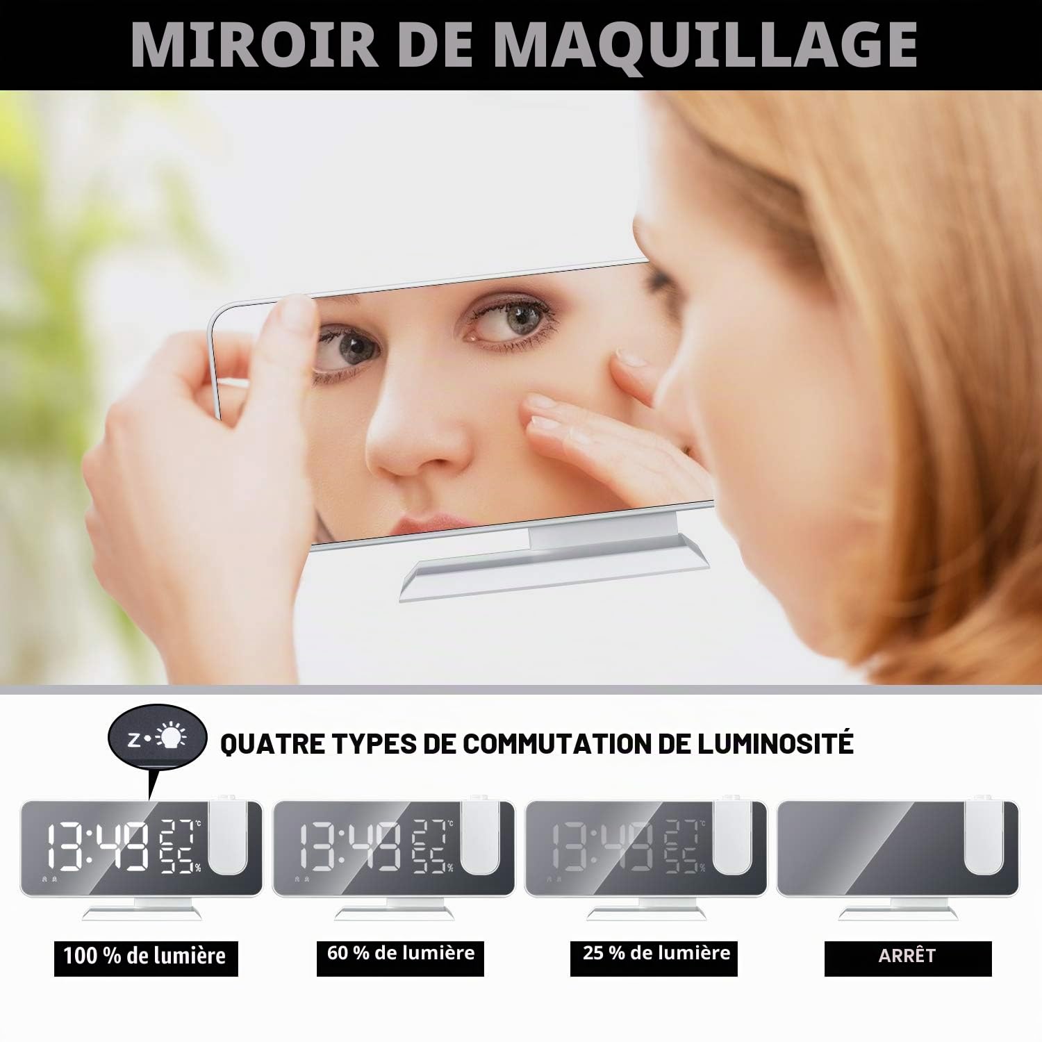 ThreeH Réveil de Projection avec Chargeur USB Réveil de Projecteur Rotatif à 180 ° avec Radio FM Écran Miroir 7,4 '' 2 Sons 4 Gradateurs Blanc