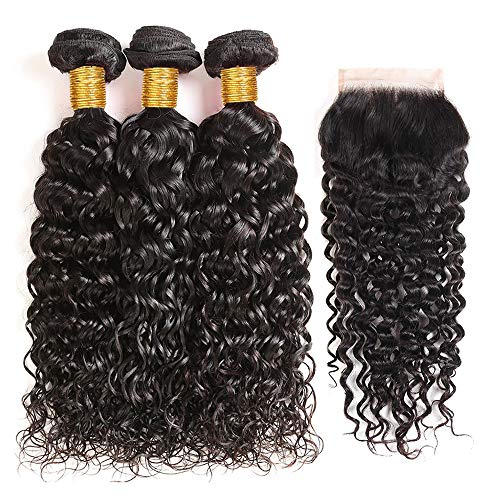 ULOVE HAIR 9A Brazilian Water Wave 3 Bundles with Lace Closure 100% Unprocessed Brazilian Virgin Human Hair Water Weave 3 Bundles with 4x4 Lace Closure Natural Color(12 14 16+10"closure)