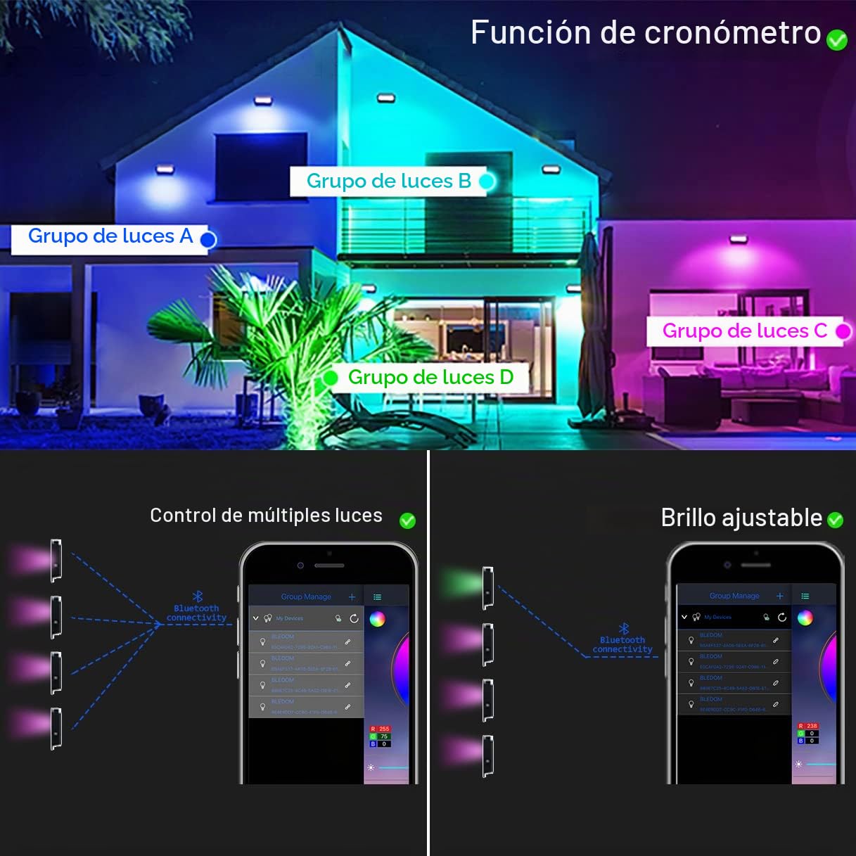 2pcs 100W Focos LED RGB Exterior Inteligente Control Bluetooth APP y Control Remoto,Sincronizada con Música Proyector LED IP66 Impermeable para Jardin Terraza Garaje (RGB, 100W)
