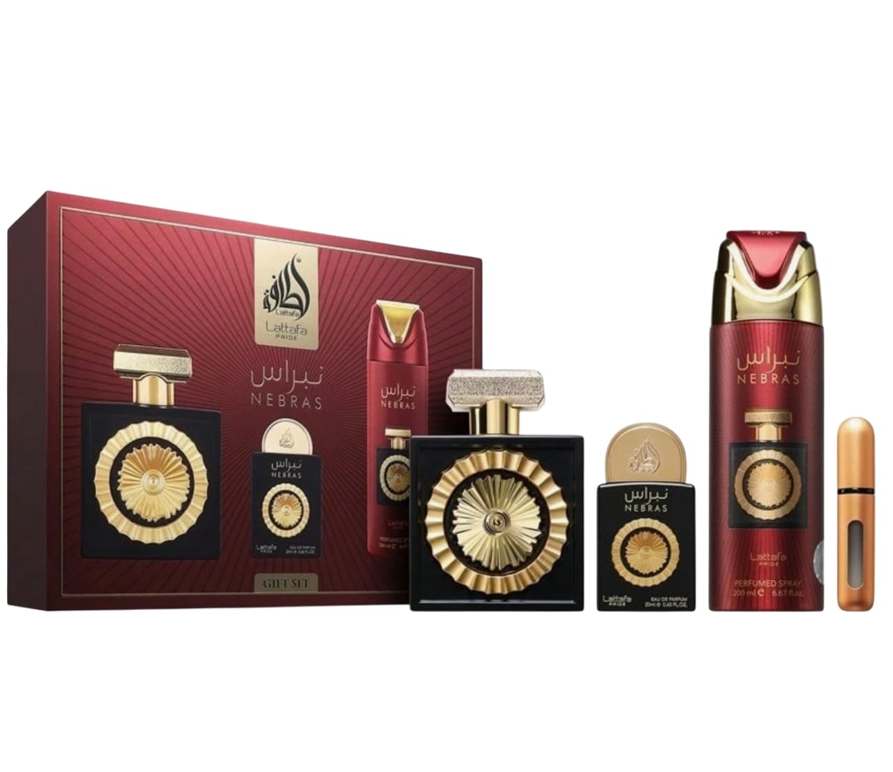 Nebras Gift Set Lattafa, Perfume Eau De Parfum 100ml + Mini Perfume 20ml + Desodorante 200ml + Atomizador Recargable – Fragancia Árabe Unisex Dulce Oriental con Vainilla y Cacao (Nebras Gift Set)