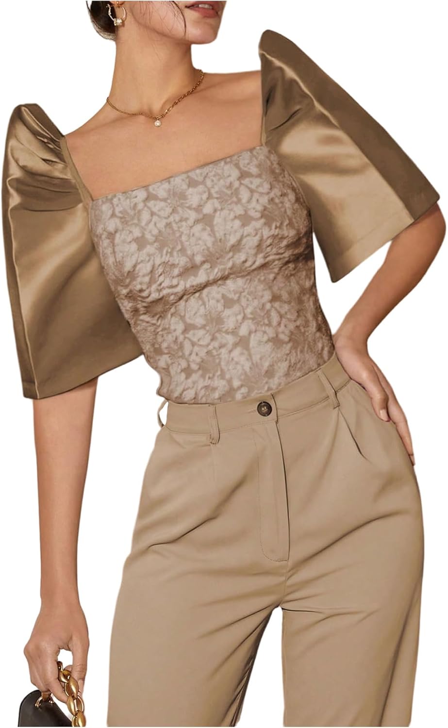Floerns Women's Satin Puff Sleeve Blouses Tops Square Neck Jacquard Dressy Casual Shirts