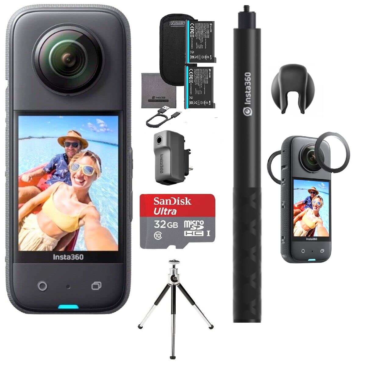 Insta360 X3 72MP Waterproof 5.7K 360° VR AI Action Camera Creator Pack with Selfie Stick Extra Battery External Mic Adapter Sticky Lens Guard, Rubber Lens Cap Mini Tripod Mount 32GB SD Card (8 Items)