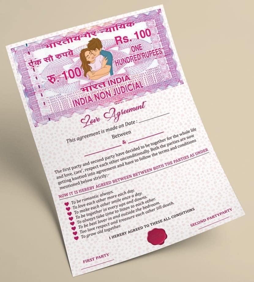 ROXOVA Love Agreement Certificate-Love Contract Agreement For Husband,Wife,Girlfriend,Boyfriend Or Special Friend.,Diwali,Pack of 1