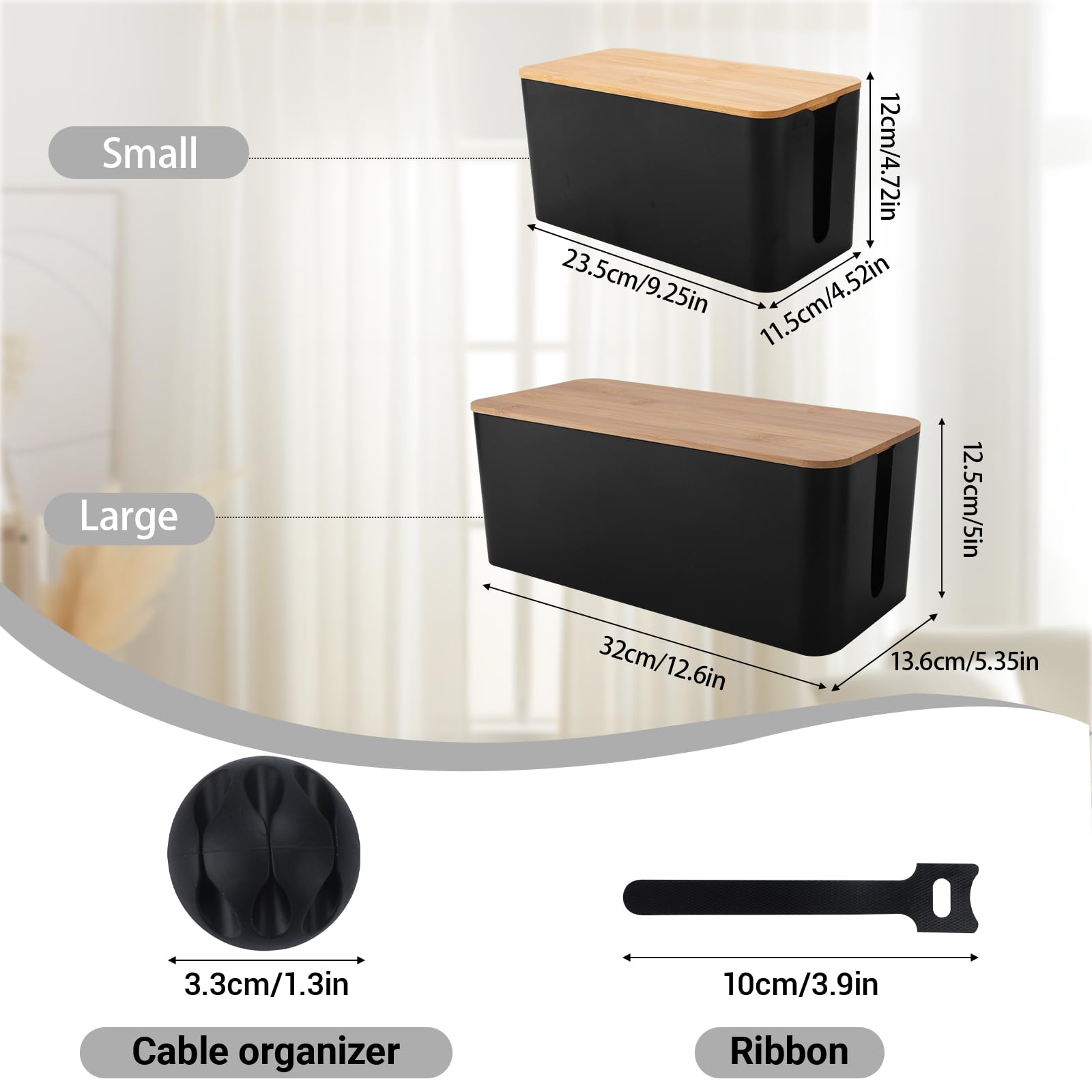 Lot de 2 Boite Rangement Cable, Cable Management, Organisateur de Cable, Boite Cache Cable - Bambou Écologique, Cache Cable & Multiprise pour Bureau et Maison - sans Perçage