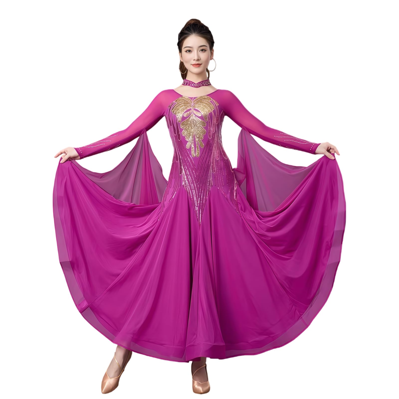 Tytyozay Women's Standard Ballroom Dance Gown, Long Sleeve Round Neck Practice Costume Elegant Rhinestone Sequin Dress with Flowing Chiffon Skirt for Waltz Tango Foxtrot Competition,Purple,3XL