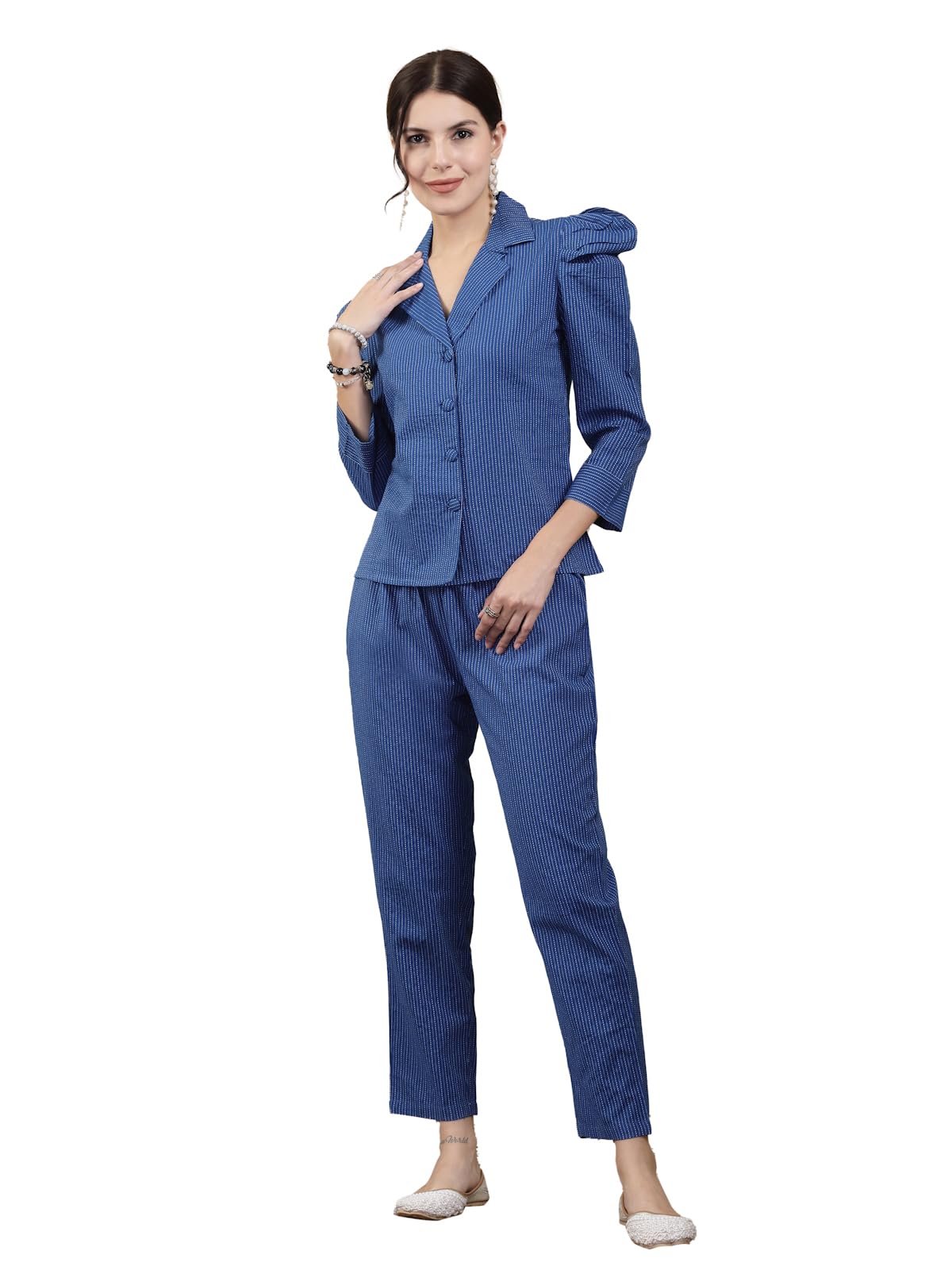 Stylum Women's Woven Design Kantha Cotton Co-Ord Set (Csbluemonto38_Blue, M)