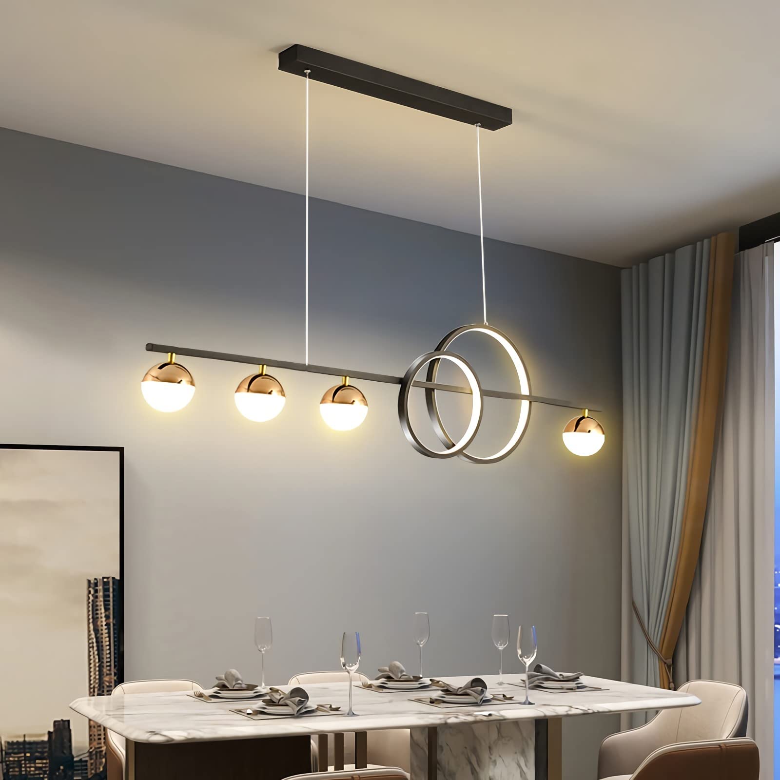 Modern LED Pendant Lamp - Dimmable, Height Adjustable for Dining Table, Kitchen, Living Room & Bedroom (Black, L120cm)