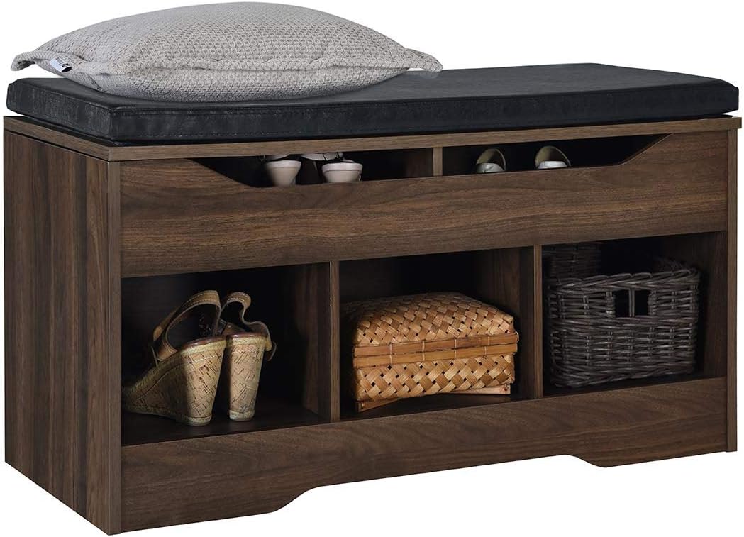 Amazon Basics Classic Shoe Bench with Lift-Top Compartment and 3 Storage Cubbies - Walnut