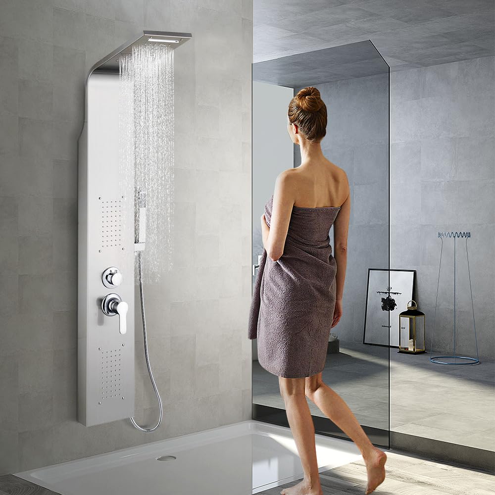 Système De Douche Thermostatique Avec Douche Et Cascade,Colonne douche en acier inox, douche à pluie, douche de massage et douche cascade pour salle de bain-15 * 47 * 130cm-acier inoxydable