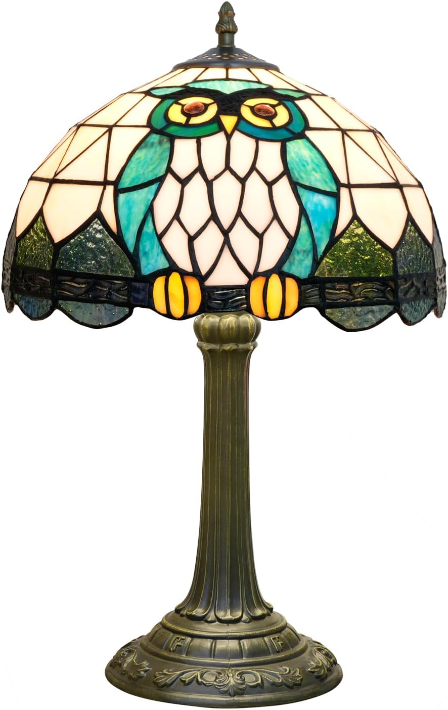 Tiffany Lamp Owl Animal Style Stained Glass Table Lamp Vintage Bedroom Bedside Light for Home Dorm Office Art Craft Antique Decor Accent Aesthetic Nightstand Reading Light 12x12x19 Inches