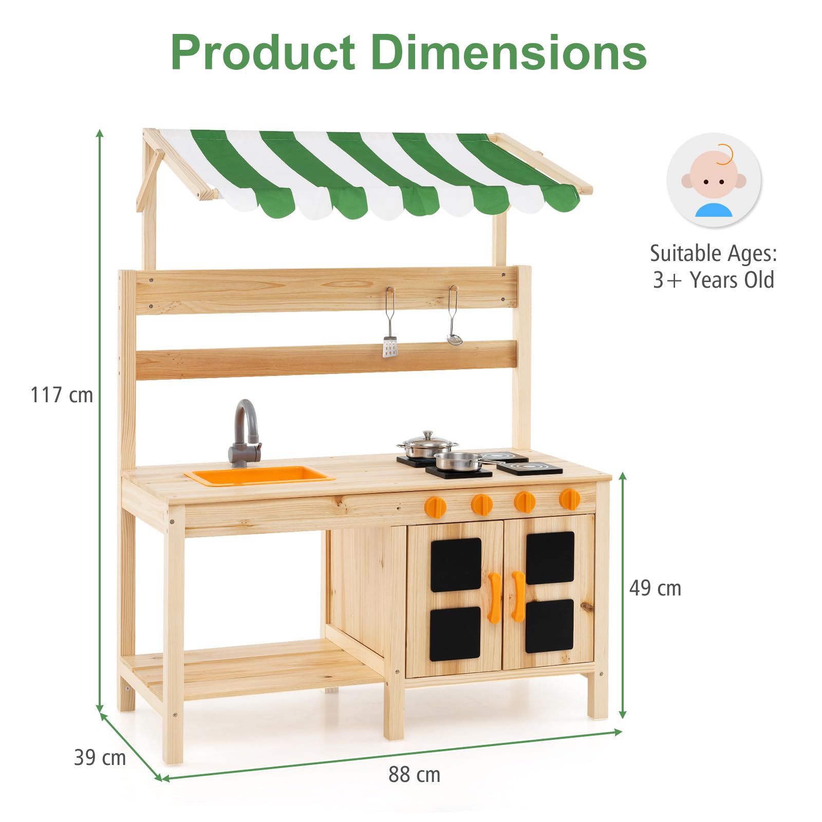 HOMASIS Cucina per Bambini con Tettoia, Cucina Giocattolo in Legno con 4 Fornelli, 2 Ganci, 1 Lavello e 4 Lavagnette, Cucinetta per Bambini da 3+ Anni da Esterno, 88 x 39 x 117 cm