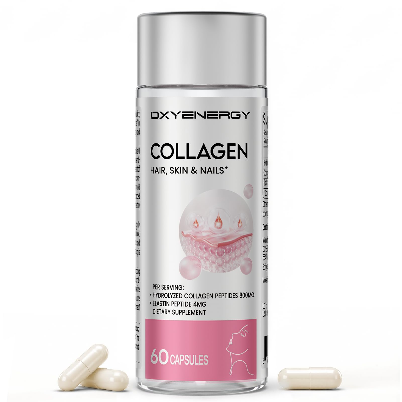 OxyEnergy Collagen Peptides Capsules for Women Hydrolyzed Collagen Supplements with Elastin Peptides 60 Collagen Pills to Promotes Hair