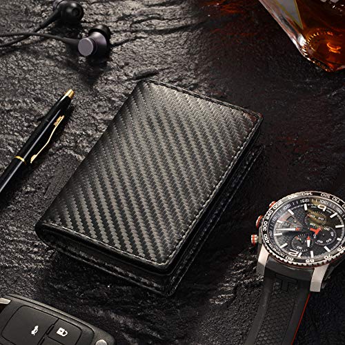RFID Genuine Leather Bifold ID/Business Credit Card Case Holder for Men Slim Front Pocket Wallet Button(Carbon Fiber Leather Black)