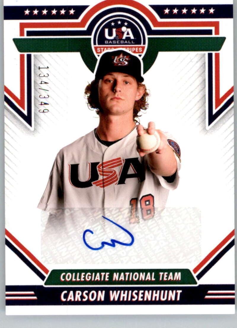 2022 Panini Stars and Stripes College National Team Signatures Blue Ink #38 Carson Whisenhunt Auto Autograph SER/349 USA Baseball Collegiate National Team Official USA Baseball Trading Card in Raw (NM or Better) Condition