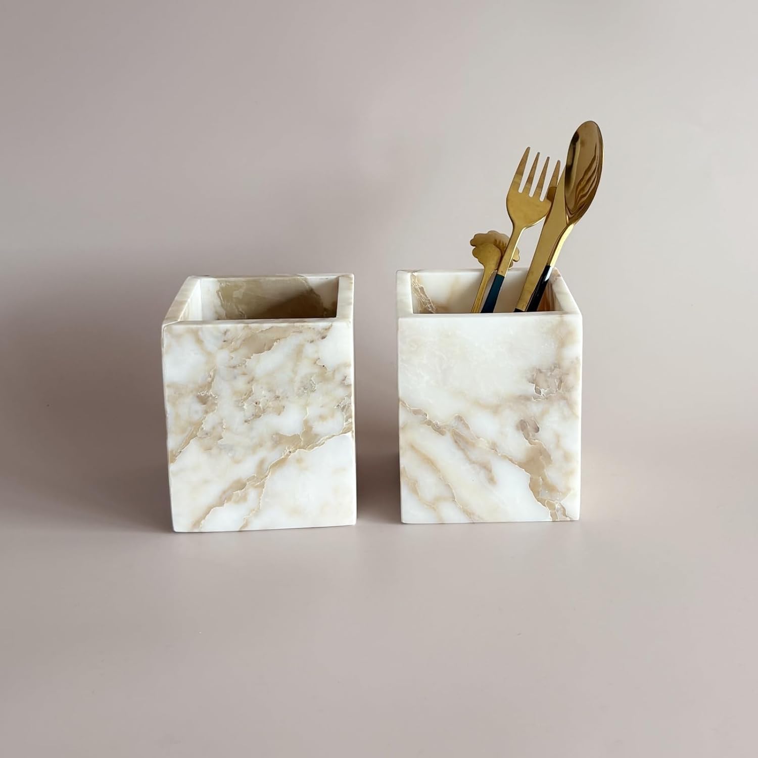 Natural Marble Stone Square Storage Container Empty Vessel Holder Cup for Candle/Pens/Sundries items (Gold)