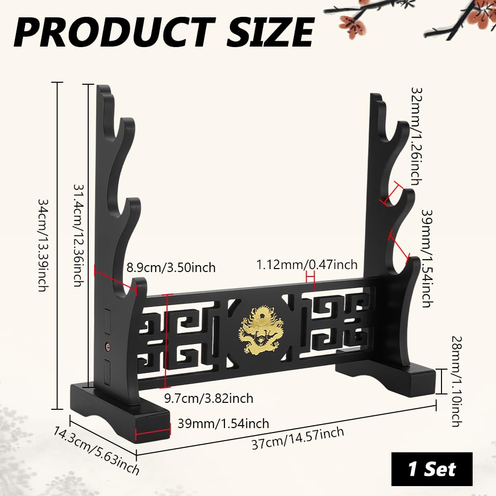 PH PandaHall Schwertständer, 3-Etagen Holz Katana Display Stand Japanischer Samurai-Schwert-Halter Display Hanger Rack mit Silberdrachen für Lichtschwert Katana Wakizashi Tanto Genji, Schwarz, 1 Pack