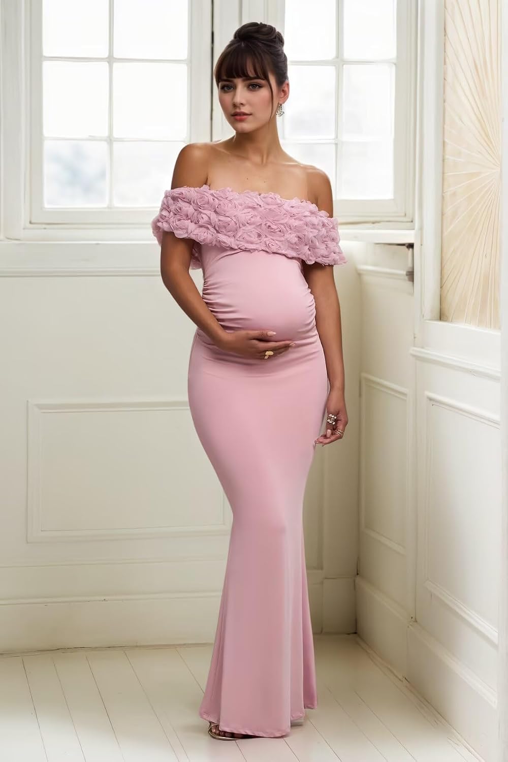 Basgute 3D Flower Satin Maternity Dresses for Photoshoot Mermaid Long Off Shoulder Baby Shower Photography Dress