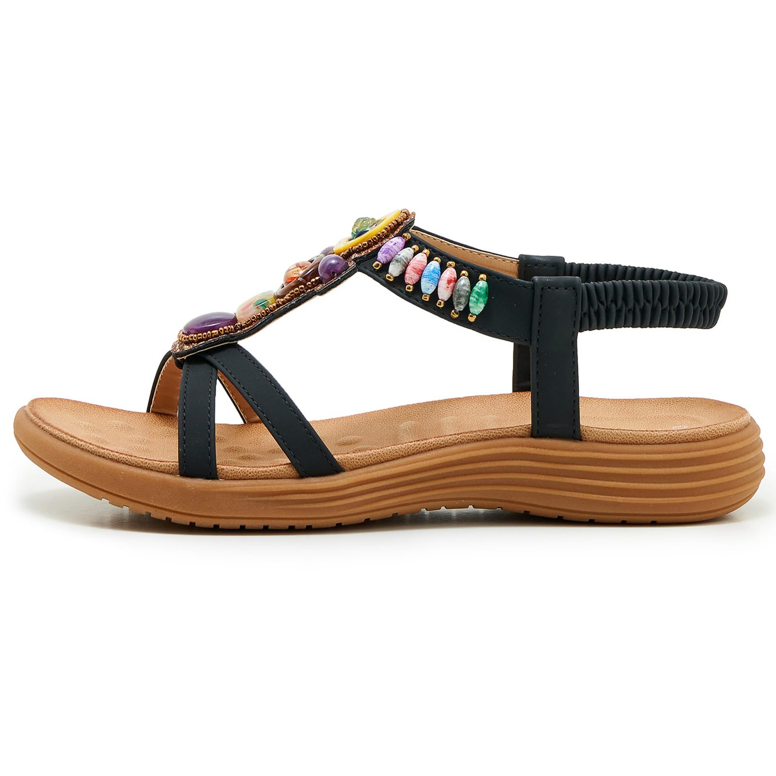 Sandali boho donna slip on zeppa punta aperta estate | outfit spiaggia vacanze, scene mare, cinturini decorativi con perline, stile estivo casual