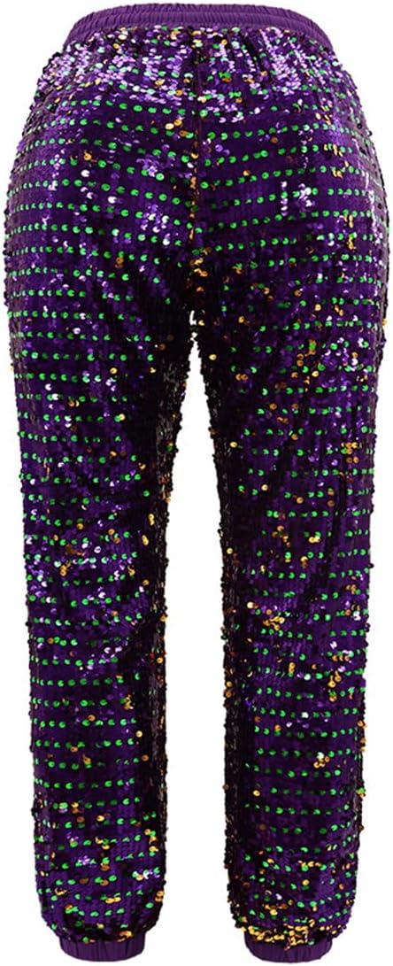 Aelidiya Women's Glitter Sequin Long Pants Bling Party Clubwear Elastic Drawstring Casual Trousers