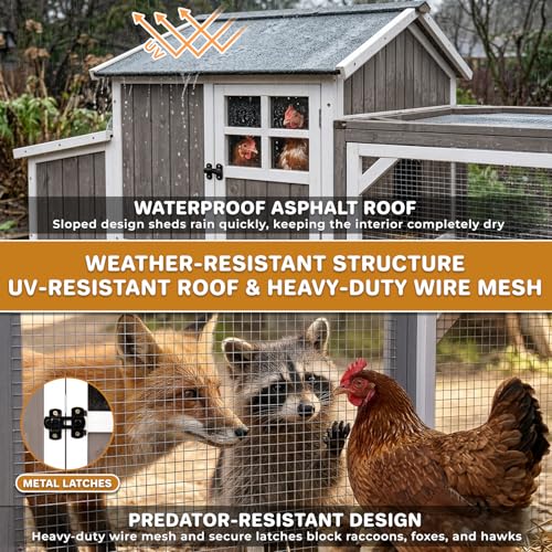 Image of Large 95.3 in Outdoor Chicken Coop with Run & Wheels for 3-6 Chickens | Wooden coop with 3-compartment nesting box, 2 dividers, pull-out tray, UV-resistant roof, predator-resistant wire mesh