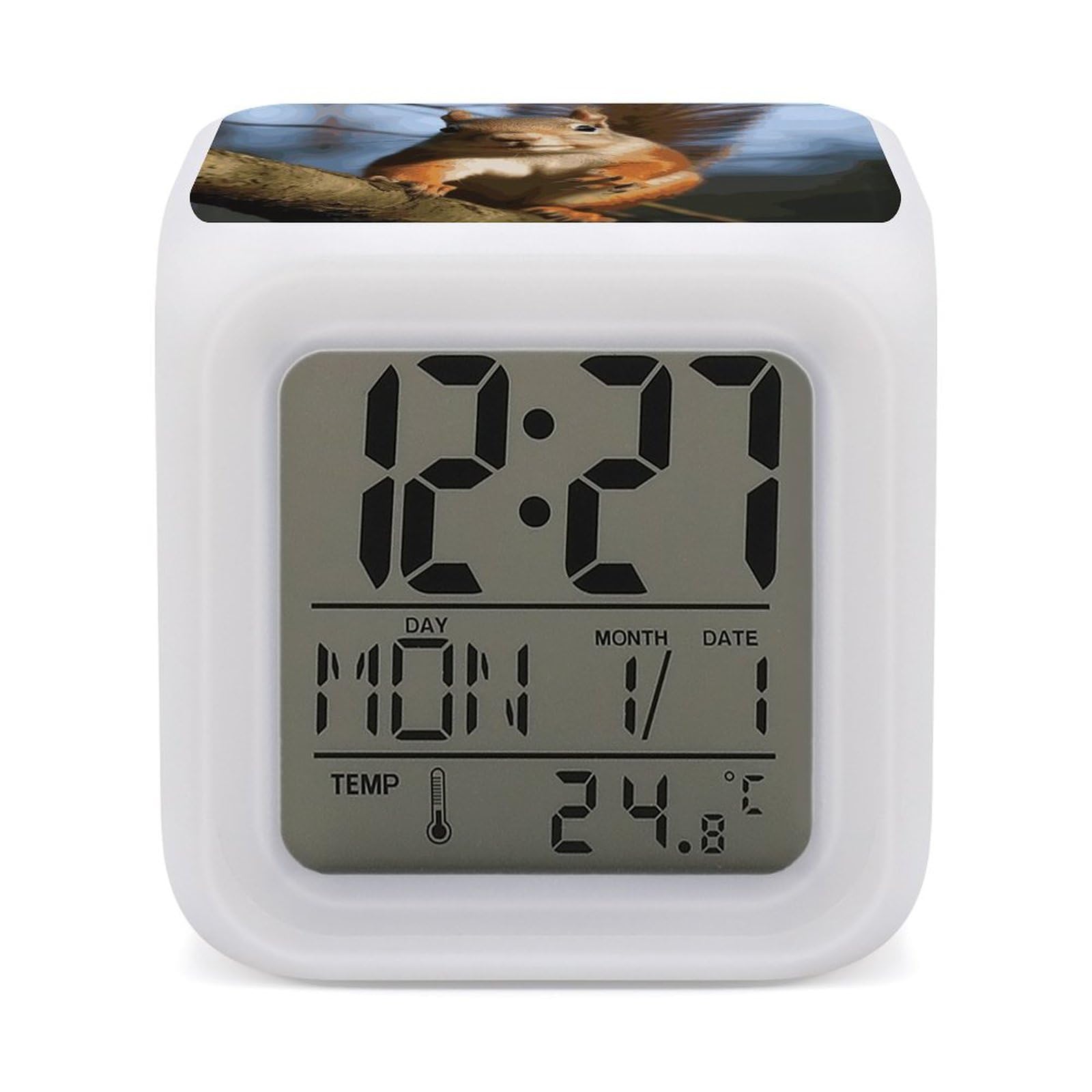 JTREHY 7 Color Changing LED Digital Alarm Clock,Squirrel Funny Animal Printed Wake-up Clock with Temperature Display Home Decoration Alarm Clock for Bedroom Office