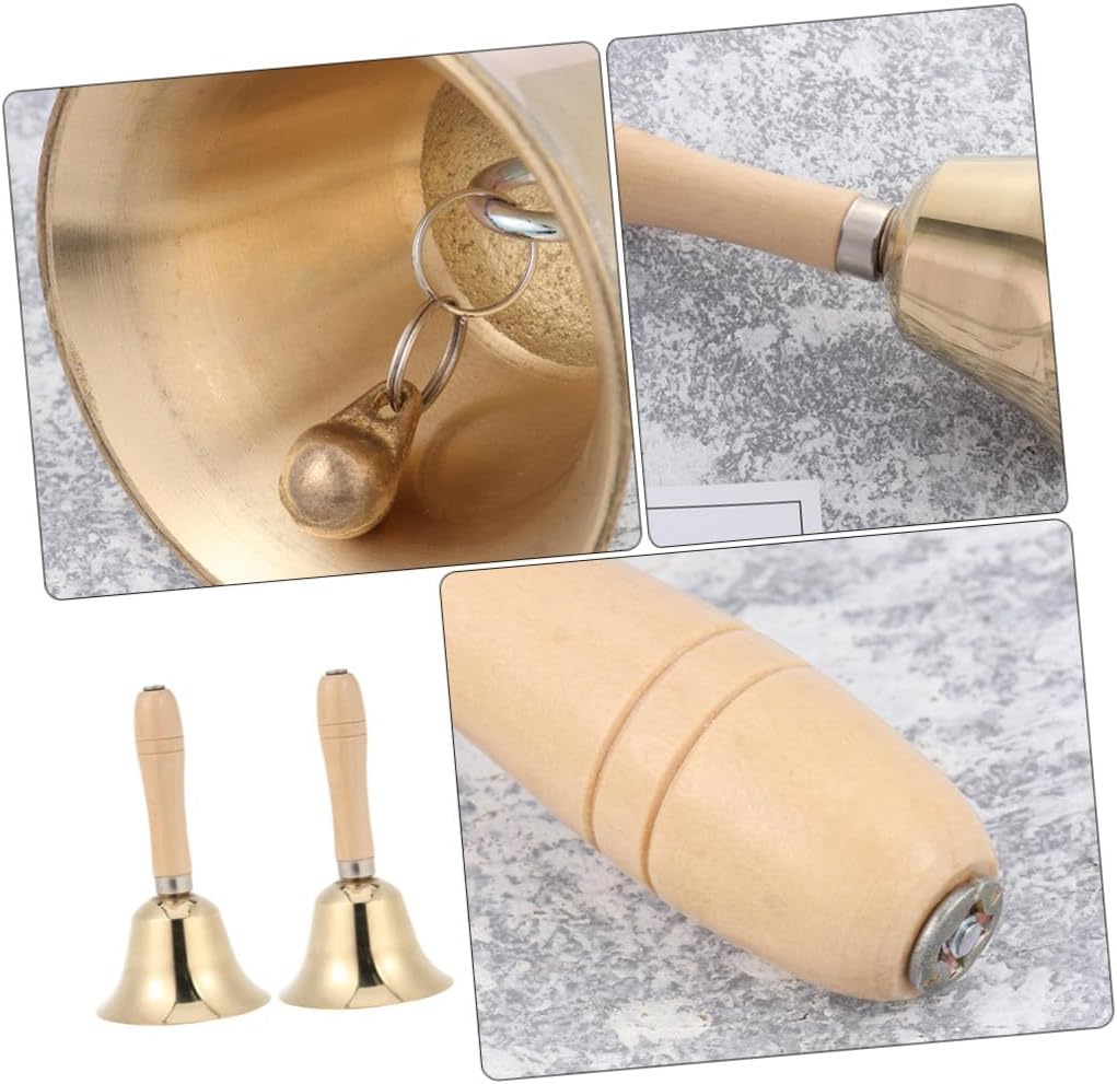 Veemoon 2Pcs Wood Handle Handbell Elegant Copper Dinner Bell for Service and Classroom Use Lightweight and Polished for Events and Home
