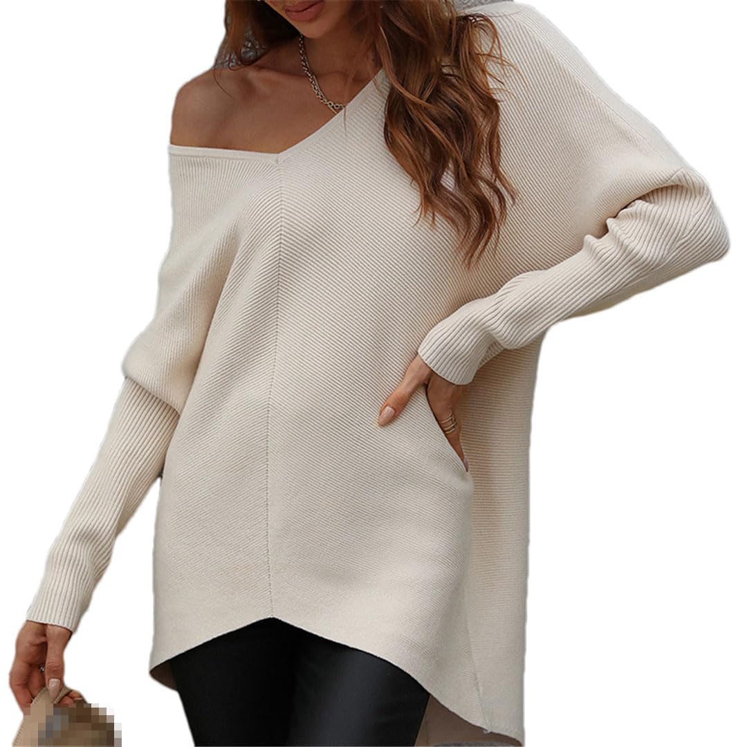 Vogrtcc Damski sweter oversize z dekoltem w serek zimowy luźny sweter z dzianiny