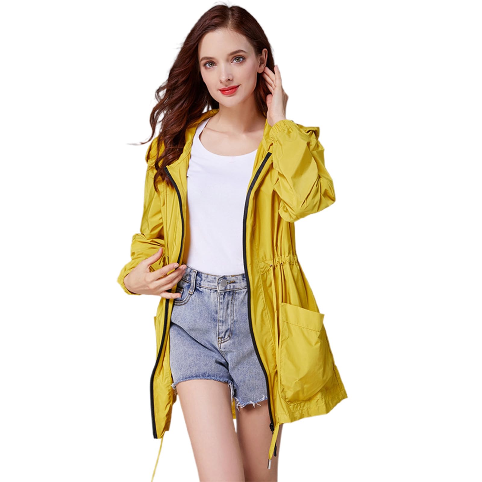 Chubasquero impermeable mujer corto y ligero con capucha ajustable 8