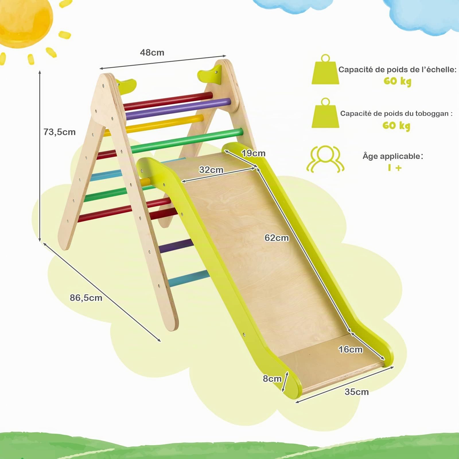 DREAMADE Triangle d'escalade avec Toboggan en Bois 3 en 1 Jouet Montessori pour Grimper & Glisser Convient à Enfants 1+ Ans (Multicolore)