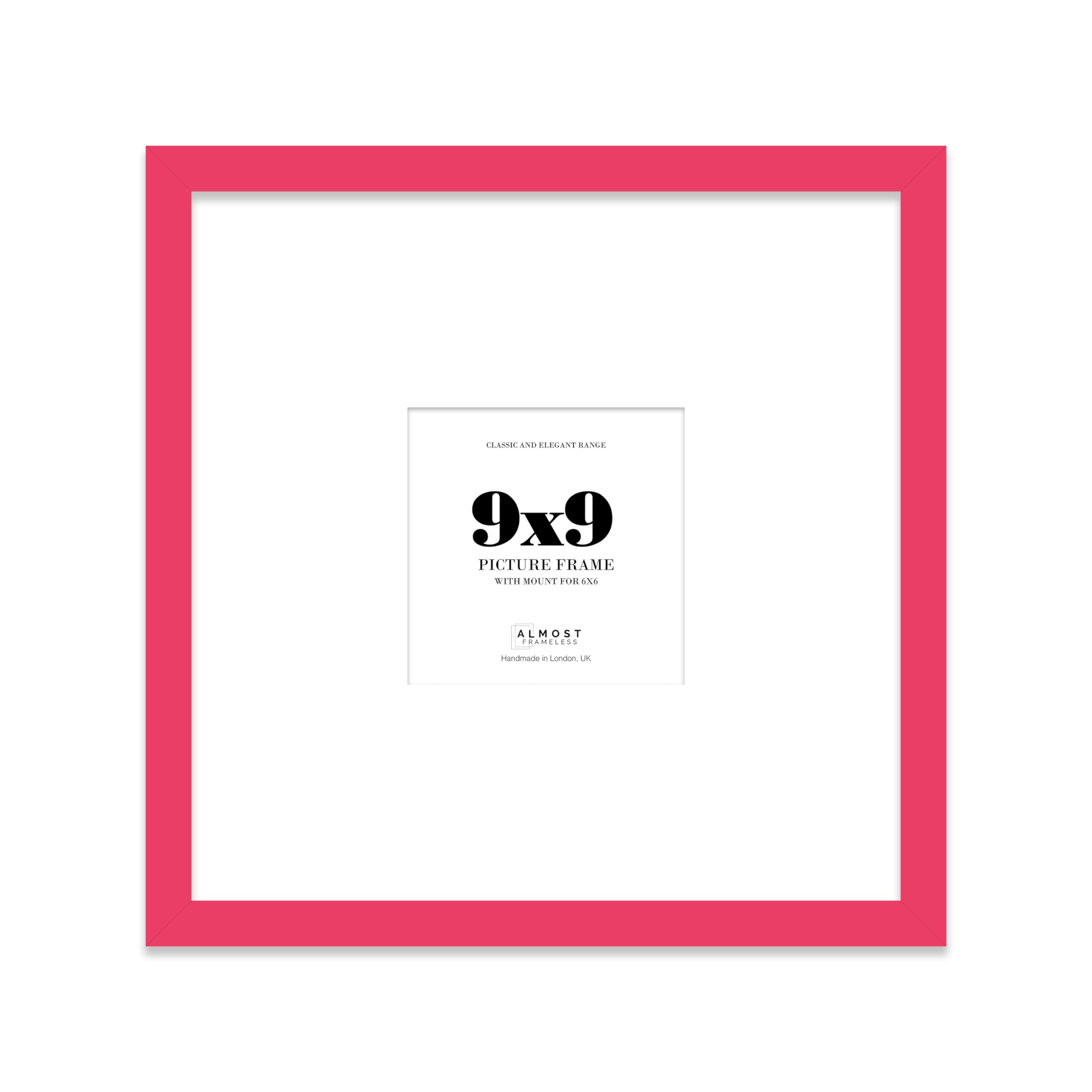 Almost Frameless 9x9 Square Picture Frame, Display Pictures 6x6 With Mat or 9x9 Without Mat, Wall Hanging & Free Standing Photo Frame, Bright Pink, 1 Pack
