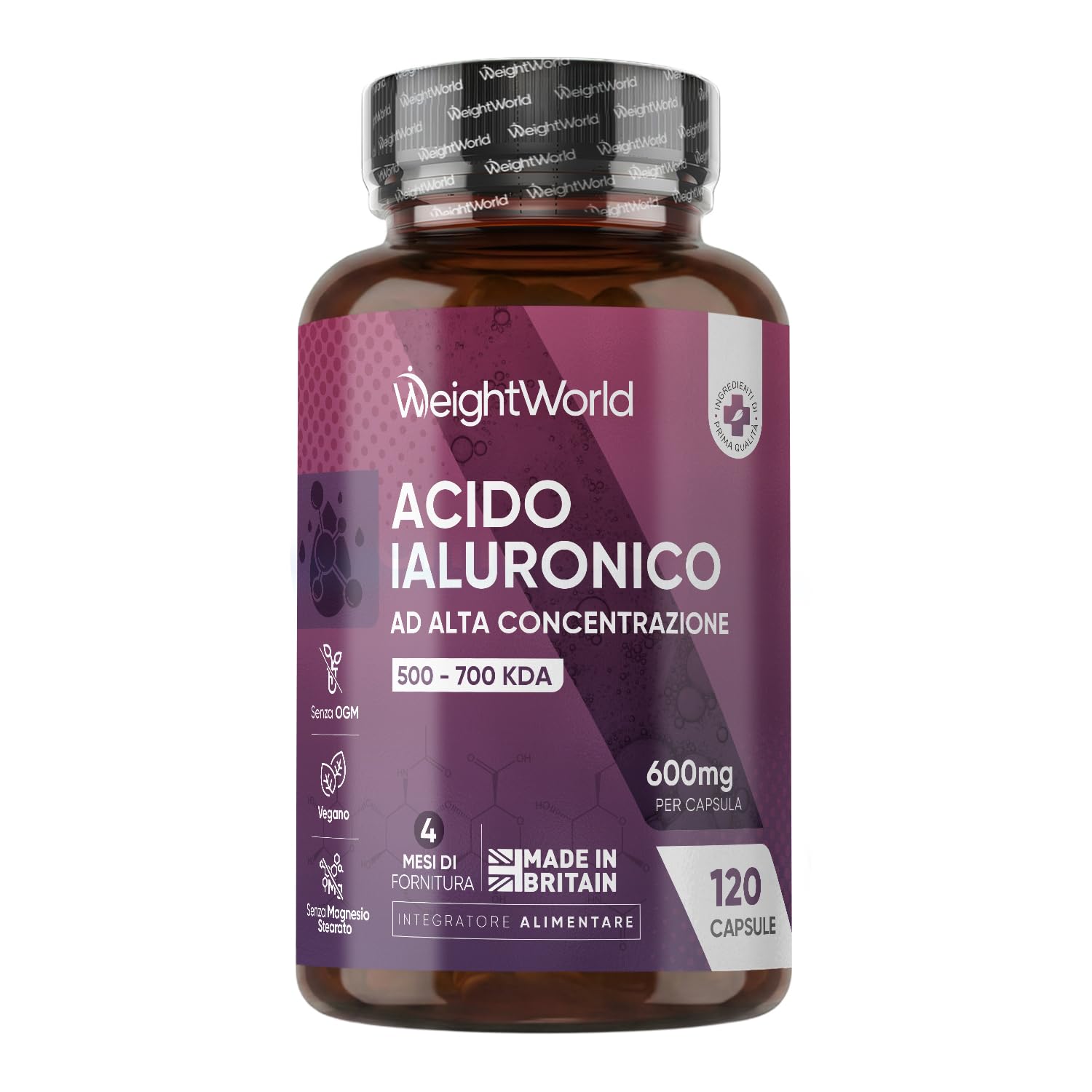 Acido Ialuronico Vegano, 600mg, 120 Capsule, 1 al Giorno, 500-700 kDa | 4 Mesi d
