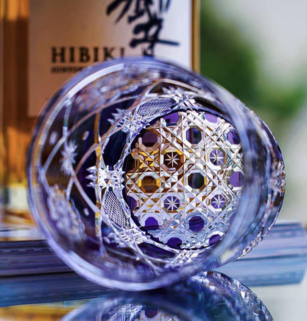 Edo style Kiriko Whiskey Glass Hand Cut Crystal Glasses Crystal Colorful Whiskey Glasses - 280mL Hand Cut Wineware For Scotch, Bourbon, Liquor and Cocktail Drinks