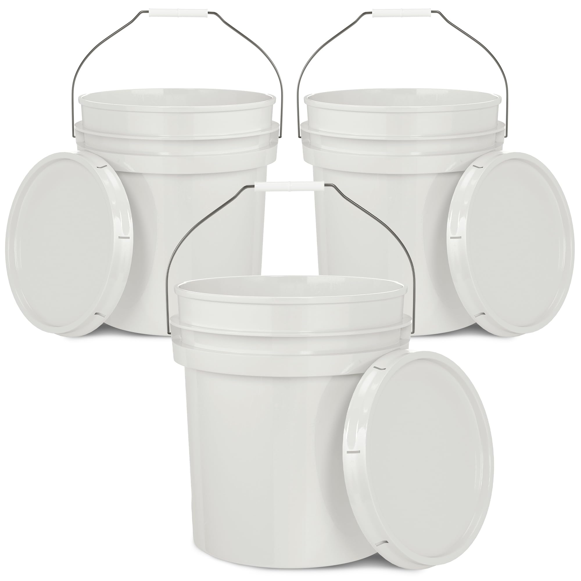 EconoHome 5-Gallon White Bucket Pail Container with Lid | Metal Handles with Plastic Grip for Easy Carrying | Easy Stack and Store | Heavy-Duty Extra Durable | Food Grade | BPA Free - 3 Pack
