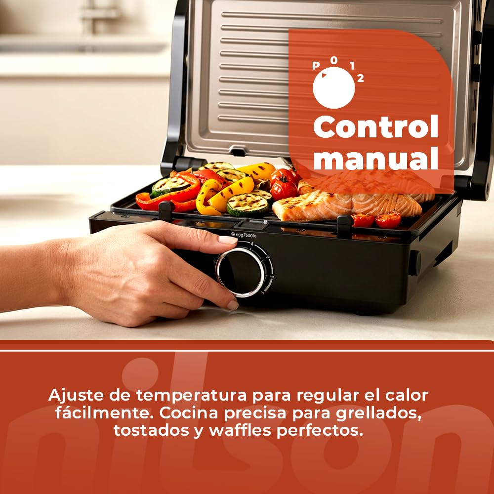 Parrilla Eléctrica Plancha y Sandwichera Doble, 800 W, Prensa, Cocina y Asa, Placas Desmontables, Revestimiento Antiadherente, NPG800EG, Temperatura Max 195º, Negro