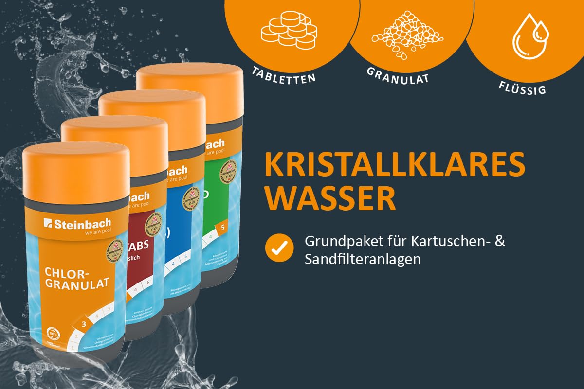 Steinbach Poolpflege Chlor Starterset - 0759001TS - 6-teiliges Komplettset für sauberes Poolwasser - Mit Chlorgranulat, Chlortabletten, Algezid, pH-Minus, Teststreifen & Thermometer